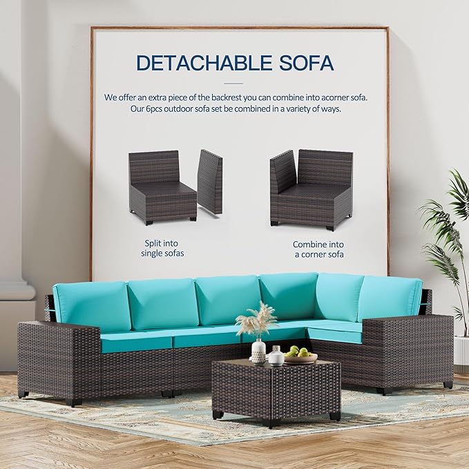 Kullavik 13 Pieces Outdoor Patio Furniture Set with 43" 55000BTU Gas Propane Fire Pit Table PE Wicker Rattan Sectional Sofa Patio Conversation Sets,Blue
