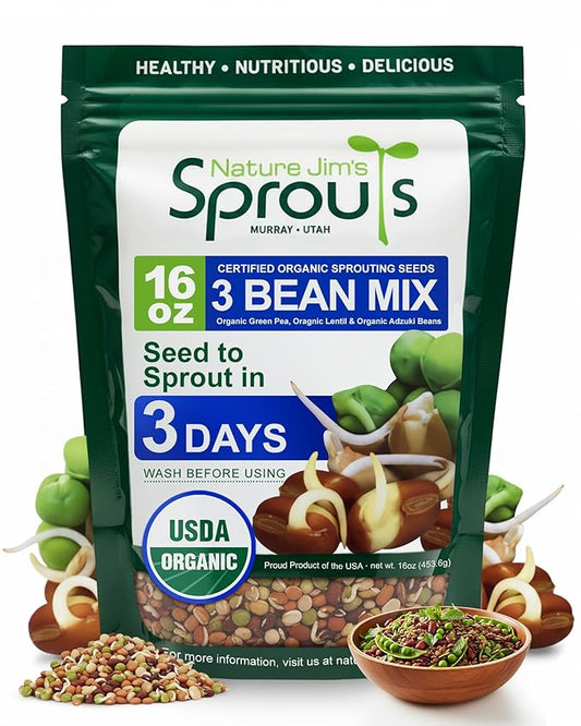 Nature Jim's Sprouts 3-Bean Seed Mix - Organic Green Peas, Lentils & Adzuki Beans for Planting - Non-GMO Microgreen Sprout Seeds, Fast Sprouting, High in Fiber, Protein, Nutrients & Vitamins - 16 Oz