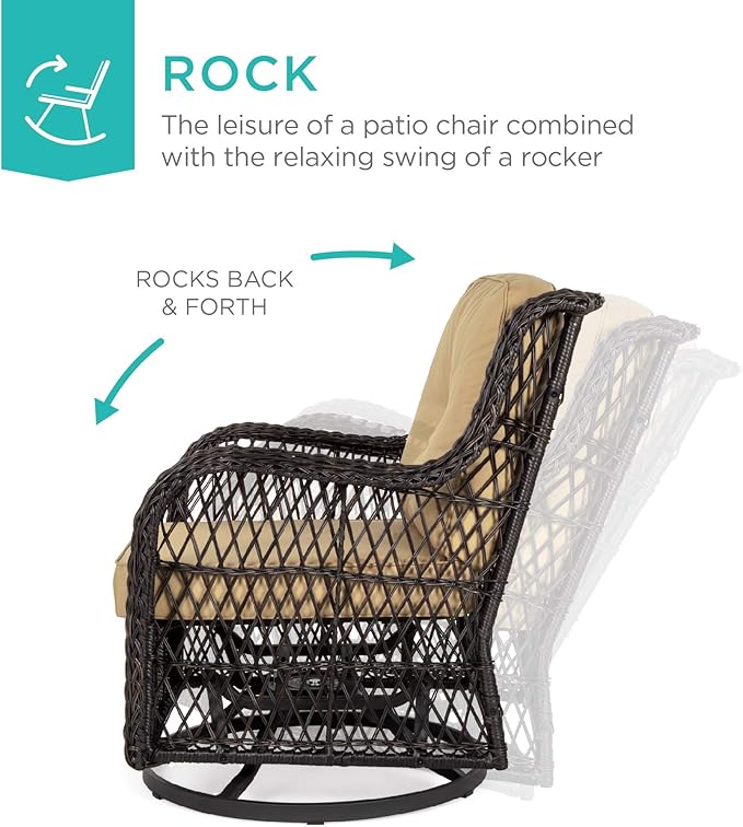 Best Choice Products 3-Piece Outdoor Wicker Patio Bistro Set w/ 2 360-Degree Swivel Rocking Chairs and Tempered Glass Top Side Table - Beige