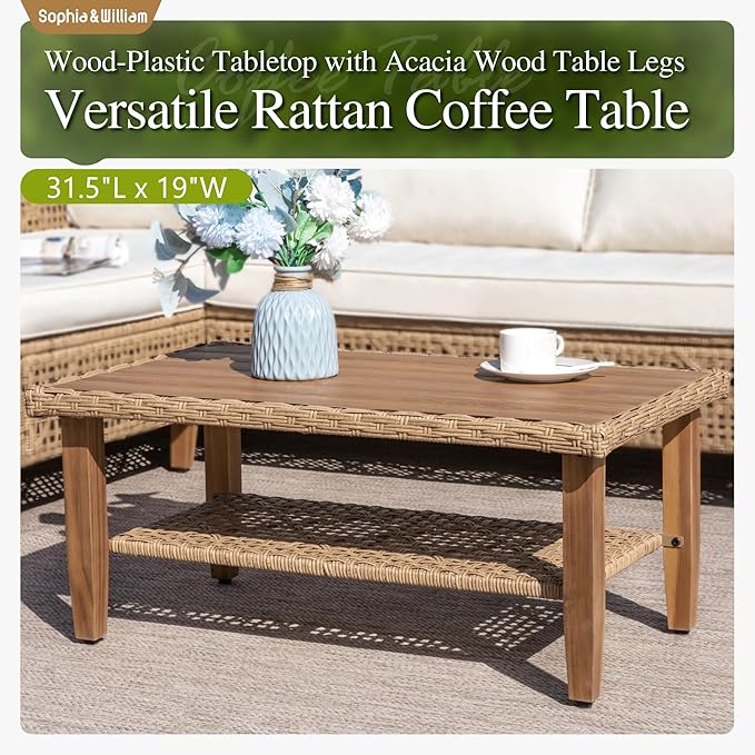 Sophia & William Boho Rattan Patio Sectional Set with Thick Cushions & Coffee Table – Balcony, Backyard & Poolside Outdoor Furniture (Beige)