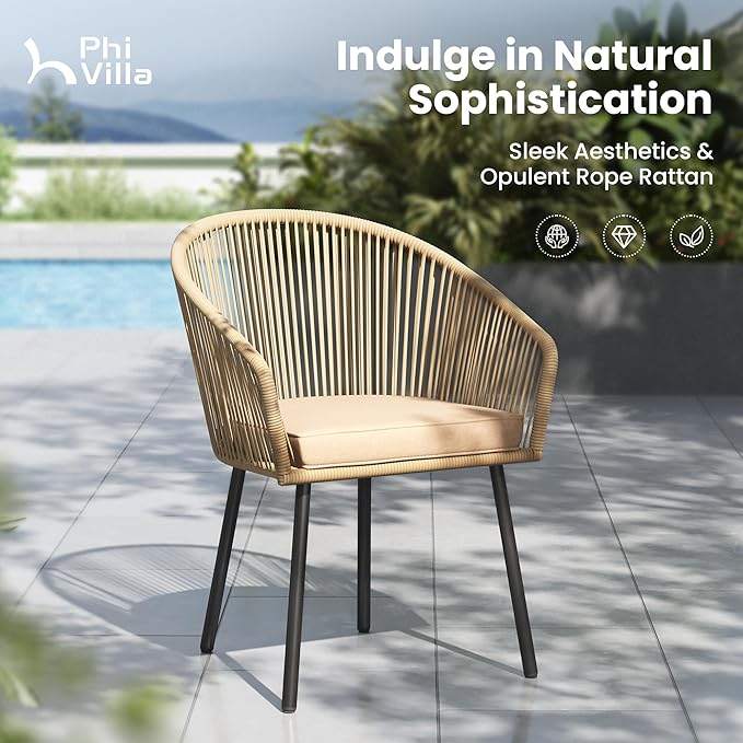 PHI VILLA 5 Pieces Outdoor Small Dining Set for 4, 30" Round Metal Pedestal Table with & Brown Wicker Chairs with Cushions, Modern Outside Dining Bistro Furniture for Patio, Deck, Backyard, Porch