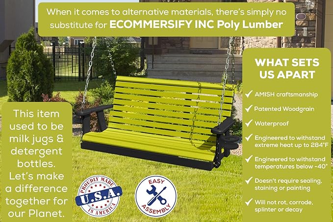Poly Lumber Wood 5FT Porch Swing Amish Craftsmandship Made in USA HDPE with No wood fibers and 1000 lbs Limit. Stainless Steel Hardware.Signature Rollback design for Patio Outdoor Backyard Garden Park