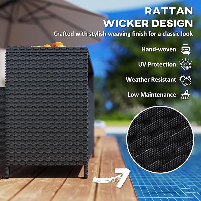 Outsunny Wicker Outdoor Storage Cabinet, Rattan Outdoor Bar Table with Acacia Wood Countertop, 2 Doors and Shelf, Buffet Cabinet Sideboard for Poolside, Garden, Patio, Backyard, Black