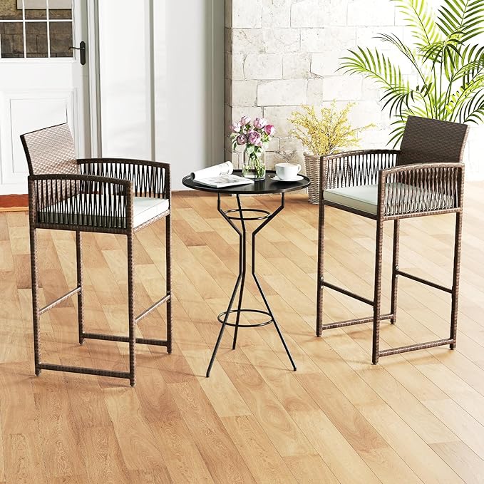 Tangkula Patio Bar Stools Set of 4, PE Rattan Bar Height Chairs with Backrests, Armrests, Footrests & Soft Cushions, Outdoor High Top Barstools with Metal Frames for Backyard (4 Pack)