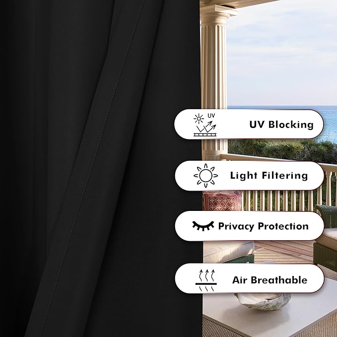 BONZER Outdoor Curtains for Patio Water Resistant Heavy Privacy Light Filtering Grommet Outside Curtains for Porch, Pergola, Gazebo, 1 Panel, 54W x 84L inch, Black