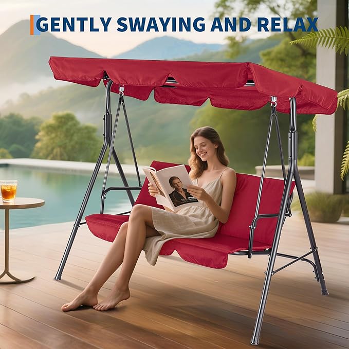 Porch Swing Chair with Adjustable Canopy for Adults 3-Seat Patio Glider Bench with Thick Cushions Steel Frame Outdoor Swing Chair for Backyard Lawn Garden Red