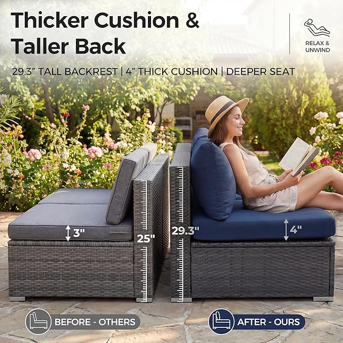 NICESOUL 11 Piece High-End Outdoor Furniture Set, 29.3'' High Back XL Big Size Wicker Patio Sectional, Wide Deep Comfy Conversation Sofas for Garden Deck Backyard Porch, 2 Color Cushion Navy & Grey