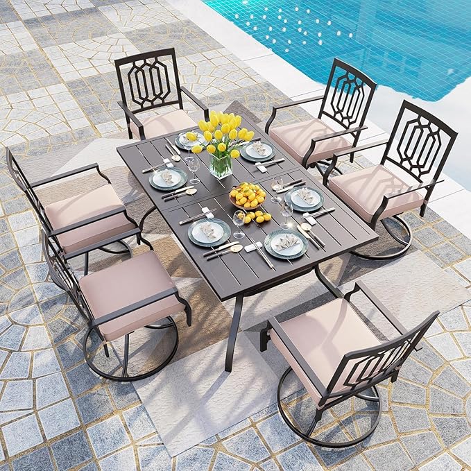 PHI VILLA 7 Pieces Patio Dining Set for 6, 60" Rectangle Metal Steel Table with Umbrella Hole & Swivel Wrought Iron Chairs with Cushions, Large Outdoo Furniture Set for Deck, Porch, Yard