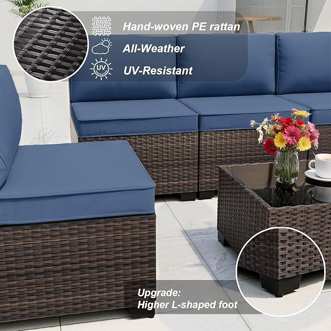 ALAULM Patio Furniture Set with Fire Pit Table 55000 BTU, Outdoor Sectional with Wide Seat and Thick Cushion, 15 Piece Wicker Rattan Conversation Set with Coffee Table for Garden, Deck, NavyBlue
