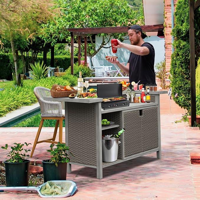 Domi Home Bar Unit，Modern Wicker Outdoor Bar Table with Aluminum Frame, Grill Table and Liquor Cabinet Bar for Patio, Home Kitchen, Dining Room, Living Room, Gray