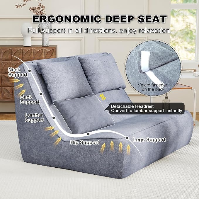 Giant Bean Bag Chair for Adults - Indoor Chaise Lounge with Pillows & Ottomans, All-in-One Sponge Design, Upholstered Loveseat Floor Sofa Chair for Reading, Gaming, Napping, and Movies (SlateGray)
