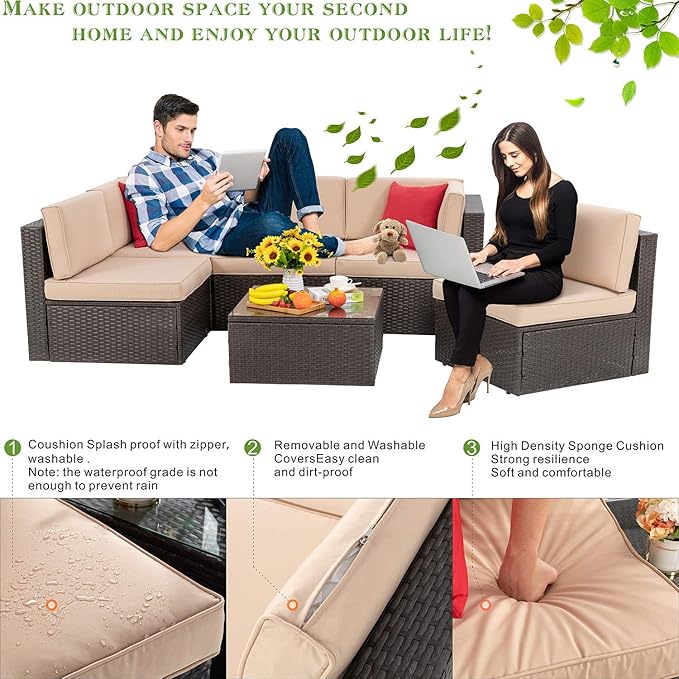 Vongrasig 6 Pieces Outdoor Patio Furniture Set, PE Wicker Rattan Sectional Sofa Small Patio Conversation Sets with Coffee Table for Garden, Backyard, Poolside (Beige)