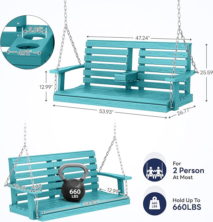 KINGYES Outdoor Hanging Patio Swing Set of 4, 2 Seat Swing Chair with Cup Holders, Waterproof Bench for Courtyard & Garden, 660LBS Weight Capacity, Aruba Blue