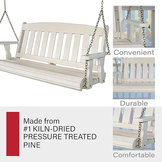 Amish Casual Heavy Duty 800 Lb Mission Treated Porch Swing with Hanging Chains (5 Foot, Semi-Solid White Stain)