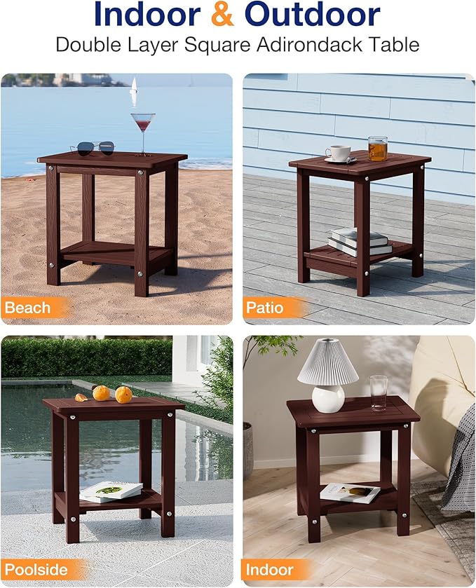 YEFU Outdoor Side Table for Patio: 16" HIPS Weather - Resistant Adirondack Tables Set of 2 - Small Square End Table for Backyard Living Room Bedroom - Indoor Outdoor Double Layer Table Coffee