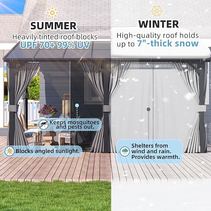 AECOJOY 20' x 8' Outdoor Gazebo Pergola with Curtains and Netting, 8'x20' Large Wall-Mounted Hardtop Lean to Gazebo Shelter Pergolas and Gazebos Clearance with Patio Roof, Heavy Duty Metal Awnings