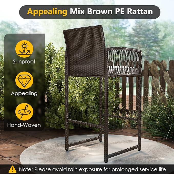 Tangkula 3 Piece Patio Bar Set, Outdoor Wicker Bar Height Glass Top Table & 2 Cushioned Bartools Heavy Duty, for Backyard, Poolside, Porch