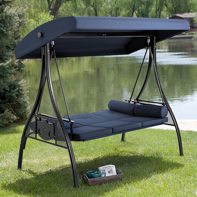 HOMREST 3 Person Outdoor Porch Swing with 1.5" Deep Cup Holder, Adjustable Canopy, Backrest, Patio Swing Bed with Weather Resistant Steel Frame, Cushions for Garden,Deck and Poolside(Blue)