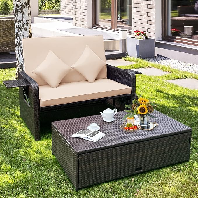 Tangkula Patio Rattan Daybed with 4-Level Adjustable Backrest, Outdoor PE Wicker Loveseat with Storage Ottoman & Folding Side Tray, Double Sunbed Lounger for Balcony, Backyard & Poolside