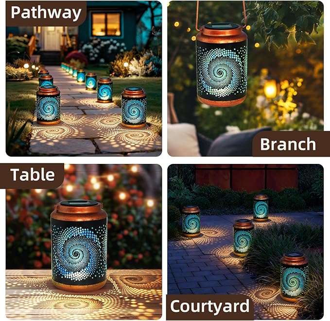 2 Pack Solar Lanterns Outdoor Hanging Metal Waterproof LED with Solar Powered Garden Patio Decorations Decor with Handle Christmas Gift Idea