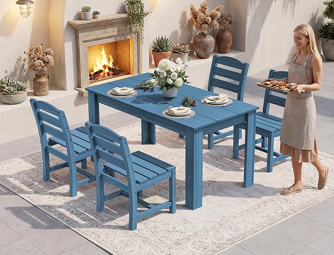SERWALL Outdoor Dining Sets for 6, HDPE Dining Sets with 1 Umbrella Hole Cut-Out Rectangular Table and 4 Armless Chairs and 2 Armchairs, Patio Dining Sets, Blue