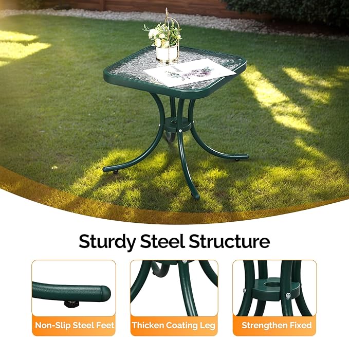 VINGLI Outdoor Side Table, 18" Patio Table Steel Frame Tempered Glass Top, Weatherproof Small Tables for Balcony Garden Poolside (Green, Square)