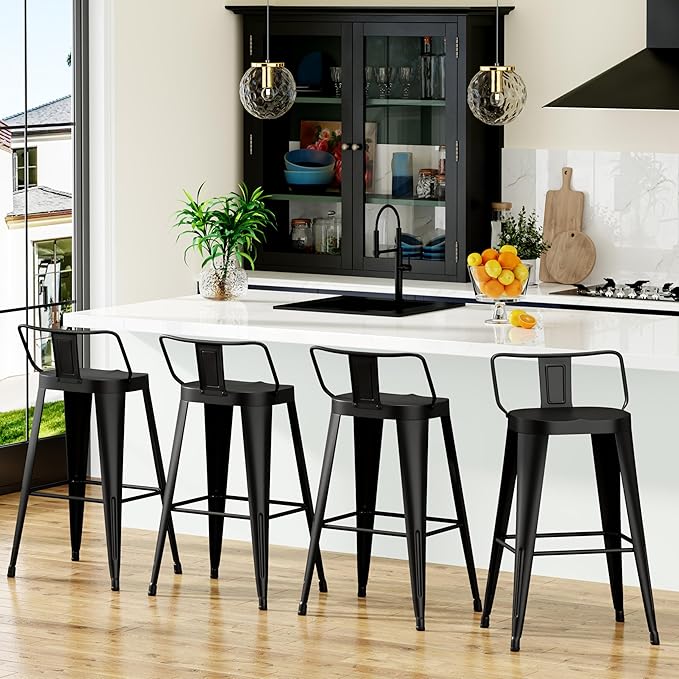 Aklaus Metal Bar Stools Set of 4 Counter Height Bar Stools for Kitchen Island Farmhouse Barstools with Removable Back 24" Indoor Outdoor Barstools, Matte Black