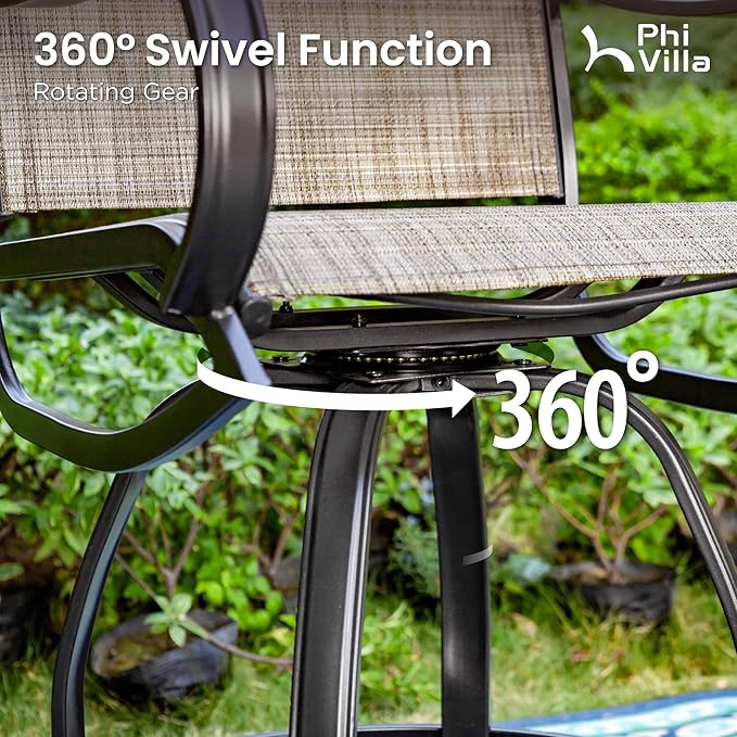 PHI VILLA 5 Piece Outdoor Bar Set, Counter Height Patio Bar Table and Chairs with 26.8" Swivel Bar Stools Brown & Rectangle Bar Table for Garden, Terrace, Yard and Deck