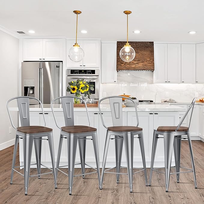 Alunaune 30" Swivel Metal Bar Stools Set of 4 High Back Counter Height Barstools Kitchen Dining Bar Chairs Industrial with Large Wooden Seat-Silver