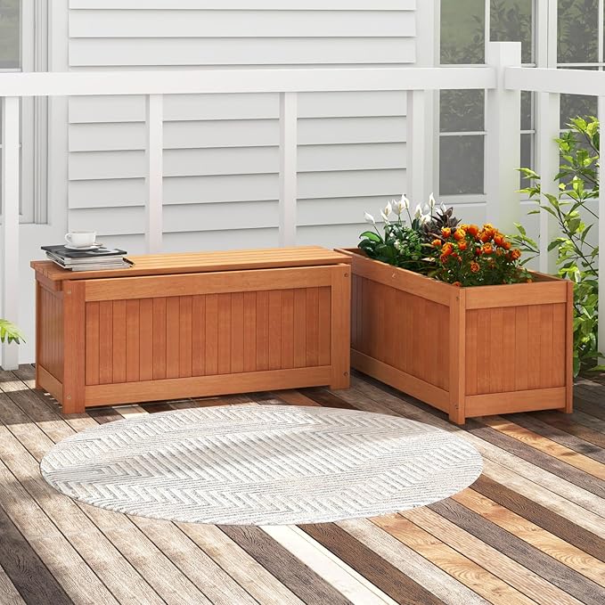 Giantex Set of 2 Outdoor Bench, Wood Raised Garden Bed w/Open Base, Weather-Resistant Rectangular Deep Planter Boxes for Flowers Fruit Vegetable, Bench Seat for Porch Yard Balcony Lawn
