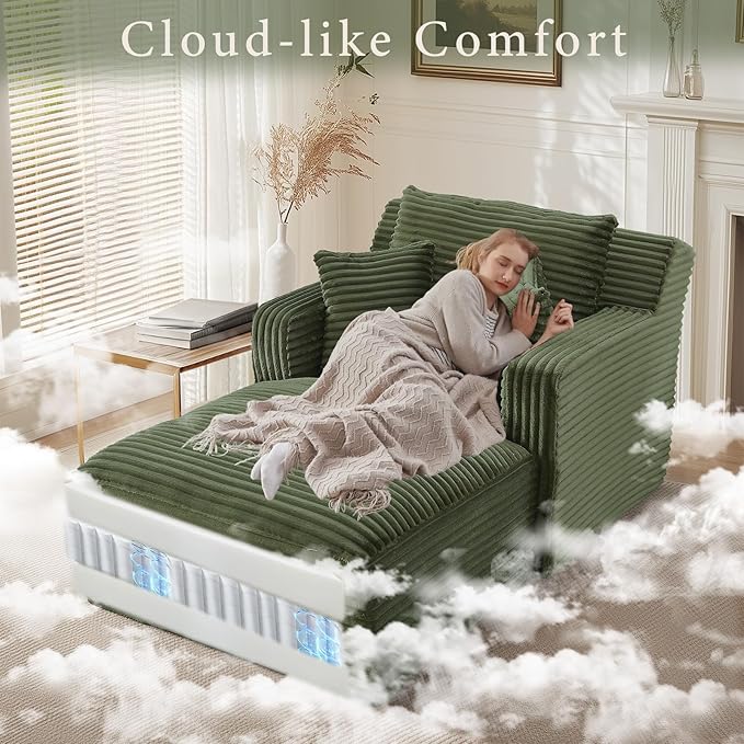 65.4" Chaise Lounge Chair Indoor, Oversized Boneless Couch Comfy Upholstered Sleeper Sofa Bed with 3 Pillows, Corduroy Cloud Reading Chair for Living Room No Assembly Required, Green