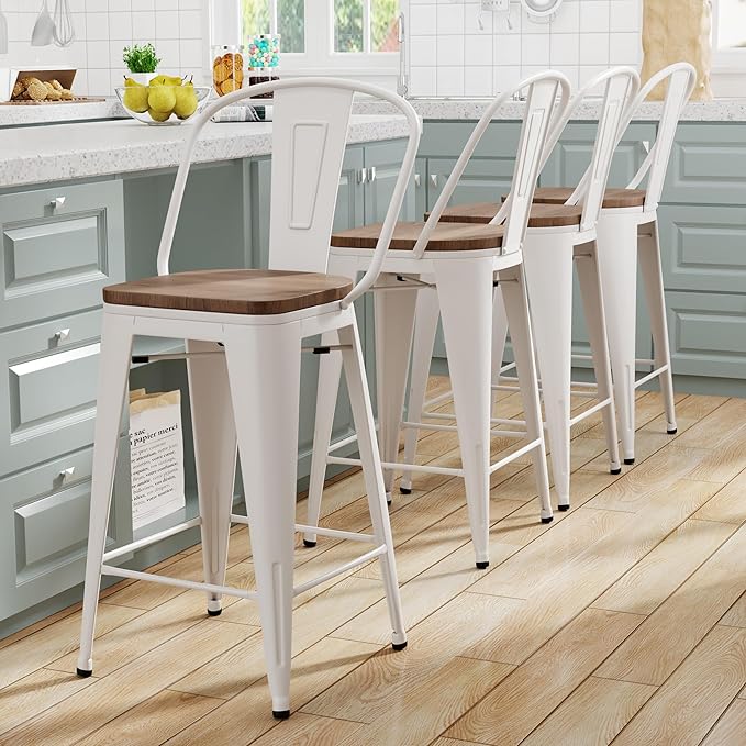 Yongqiang 24" Bar Stools Set of 4 Modern Farmhouse Counter Height Bar Chairs Kitchen Island Metal Barstools with Large Wooden Seat, High Back Cream White