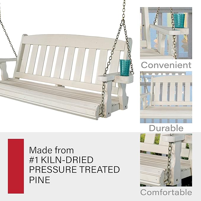 Amish Casual Heavy Duty 800 Lb Mission Treated Porch Swing with Hanging Chains and Cupholders (5 Foot, Semi-Solid White Stain)