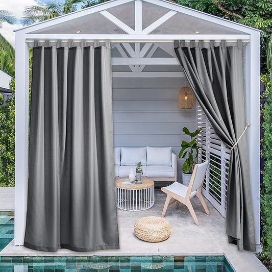 NICETOWN 2 Panels Patio Outdoor Curtains 108" Length, Thermal Insulated Tab Top Light Blocking Vertical Drapes Waterproof Indoor Outdoor Panels for Lawn & Garden, Dark Grey, W55 x L108