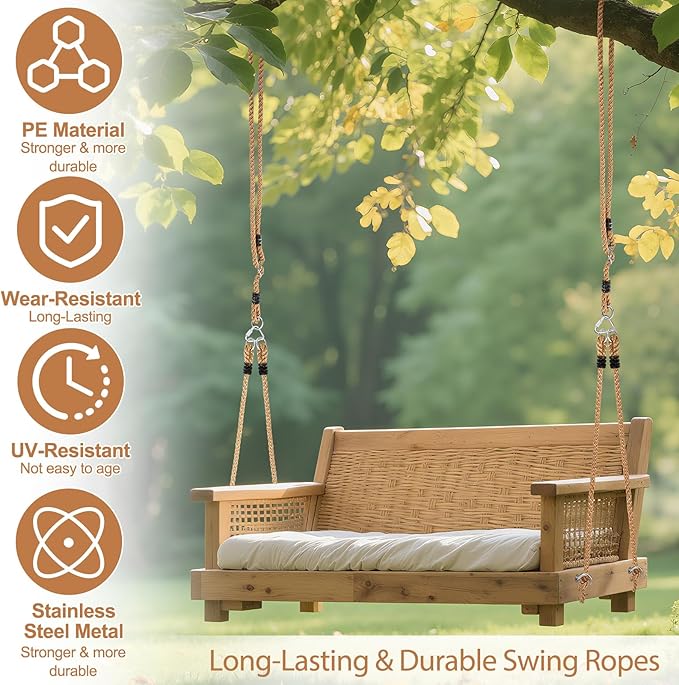 2 Pack Porch Swing Rope Kit Swing Bed Straps Holds 800 lbs Adjustable Polypropylene Rope Heavy Duty Claws for Porch Garden Playground(118 Inches, 9.84ft)
