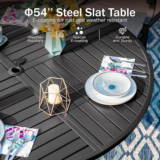 PHI VILLA 7 Pieces Patio Dining Set, Outdoor Round Table and Chairs for 6, 52" Round Dining Table with Umbrella Hole & 6 Heavy Metal Wicker Chairs with Thick Cushions