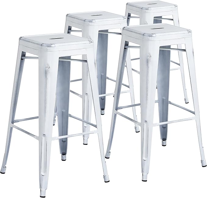 Flash Furniture Kai Commercial Grade 4 Pack 30" High Backless Distressed White Metal Indoor-Outdoor Barstool