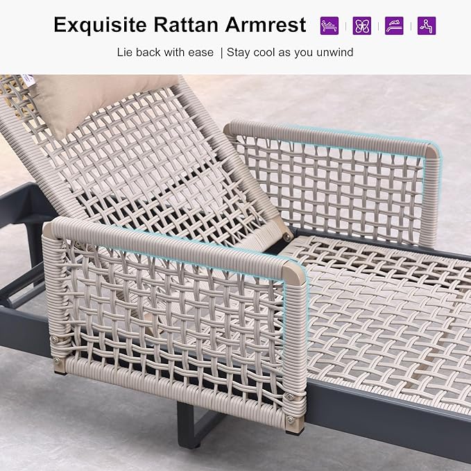 PURPLE LEAF 3 Pieces Outdoor Chaise Lounge Set Rattan Wicker Lounger with Arms Poolside Furniture Adjustable Recliners Patio Lounge Chairs for Beach Yard Garden Balcony, Dark Grey