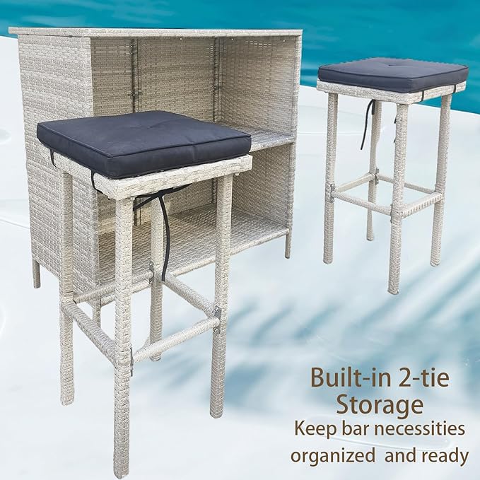 Wicker Patio Bar Set of 3-Piece, Rattan Bistro Set with stools and Coffee Table, Patio Bar Table and Chairs for Backyard, Porches or Poolside