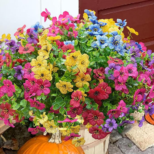 Artificial Flowers for Outdoor, UV Resistant Fake Silk Flowers, Realistic Faux Plants for Outside Indoor Porch Patio Window Box Planter Home Decor (20, Yellow Purple Rosy Red Blue)