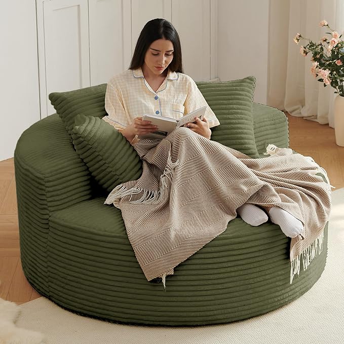 Oversized Round Chair Lounge Chaise Indoor, Upholstered Corduroy Deep Seat Cloud Large Circle Sofa Chair, No Assembly Required, Fluffy Modern Sleeper Sofa Bed for Reading, Living Room, Light Green