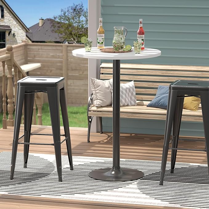 Furmax Bistro Pub Table Round Bar Height Cocktail Table for Home Bar, Small Round Bar Tables for Party, Dining Room, Living Room and Wedding, Metal Base MDF Top Obsidian, 40.6 Inch Height (1, White-1)