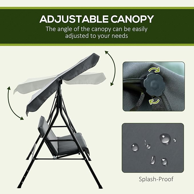 Outsunny 3-Seat Outdoor Patio Swing Chair with Removable Cushion, Steel Frame Stand and Adjustable Tilt Canopy for Patio, Garden, Poolside, Balcony, Backyard, Gray