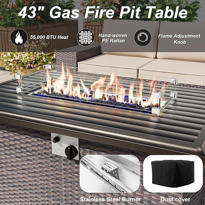 ALAULM Patio Furniture Set with Fire Pit Table 55000 BTU, Outdoor Sectional with Wide Seat and Thick Cushion, 15 Piece Wicker Rattan Conversation Set with Coffee Table for Garden, Deck, Grey