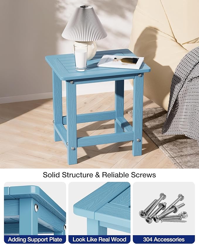 YEFU Outdoor Side Table for Patio: 16" HIPS Weather - Resistant Adirondack Tables - Waterproof Small Square End Tables for Backyard Pool Porch Balcony - Indoor Outdoor Durable Table Blue