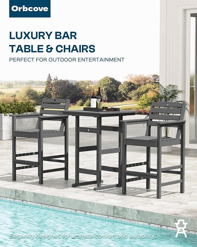 Patio Bar Table,Adirondack Chairs and Table 2 Pieces Set, Bar Height Chairs Set of 2, Outdoor Bar Stools Set,Weather-Resistant Outdoor Furniture for Deck, Balcony, Poolside Easy Assembly