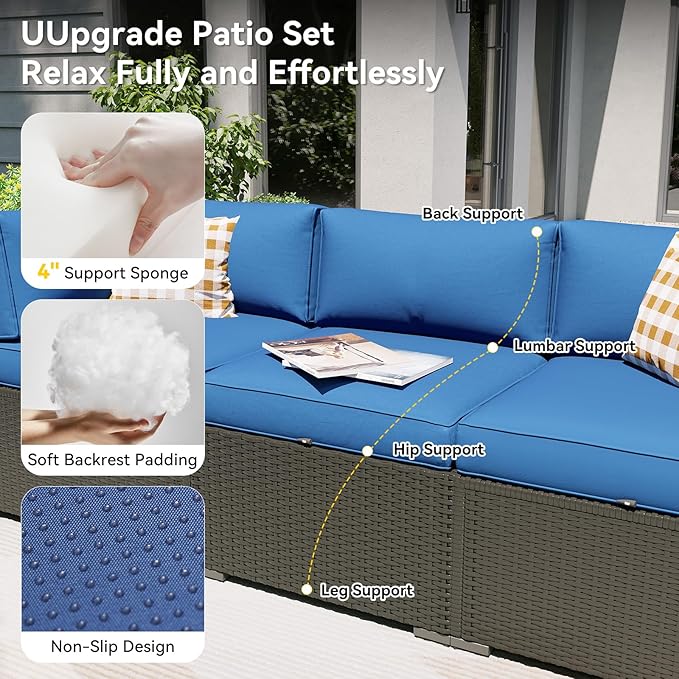Aoxun Patio Furniture Set with Fire Pit Table, 8 Piece Outdoor Sectional Sofas, Wicker Rattan Outdoor Furniture with Thickened Cushion for Backyard, Garden Navy Blue