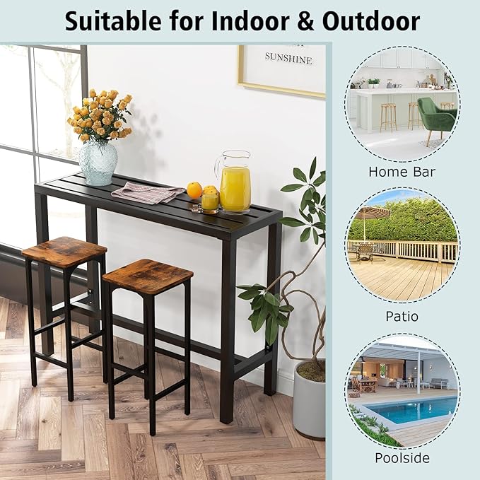 COSTWAY Outdoor Bar Table 48-inch Wide, Narrow Counter Height Dining Table with Waterproof Top and Heavy-Duty Metal Frame, Rectangular Pub Table for Hot Tub Garden Patio Backyard Poolside, Black