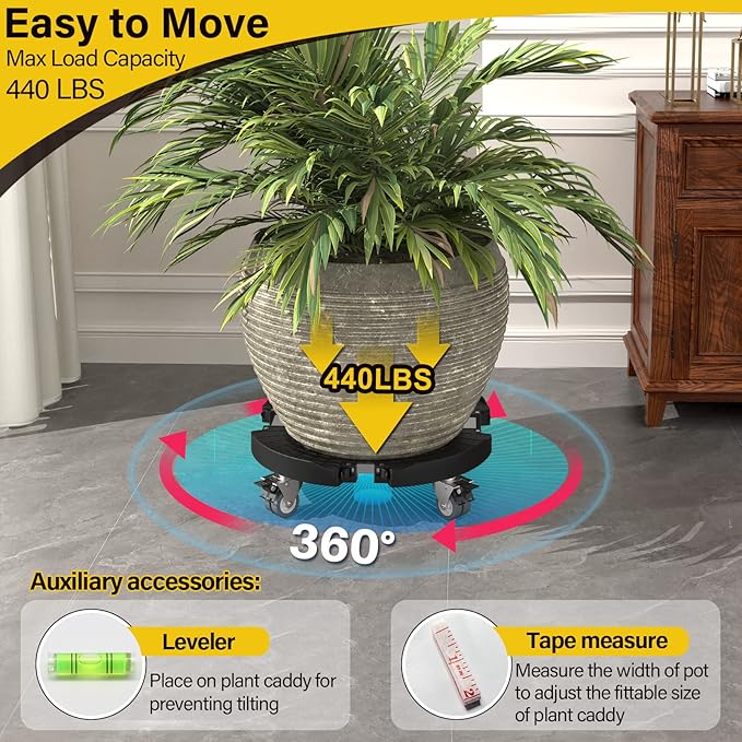 Goovilla Plant Stand with Wheels Heavy Duty, 2Pack Adjustable 15-22 Plant Caddy with Lockable Caster Wheels 440LBS, Rolling Plant Stand/Dolly/Roller for Indoor Outdoor Large Planter, Flower Pot,Black