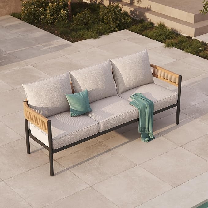 Gand Patio Outdoor 3-Seat Couch Sofa, Wicker Conversation Set with Thick Cushion for Porch, Garden, Yard, Natural